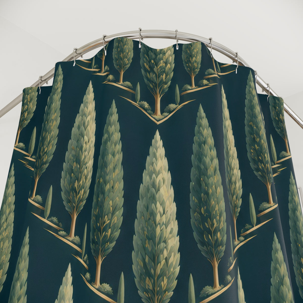 Sage cypress tree chevrons on deep teal shower curtain with close-up print, hooks, and folds