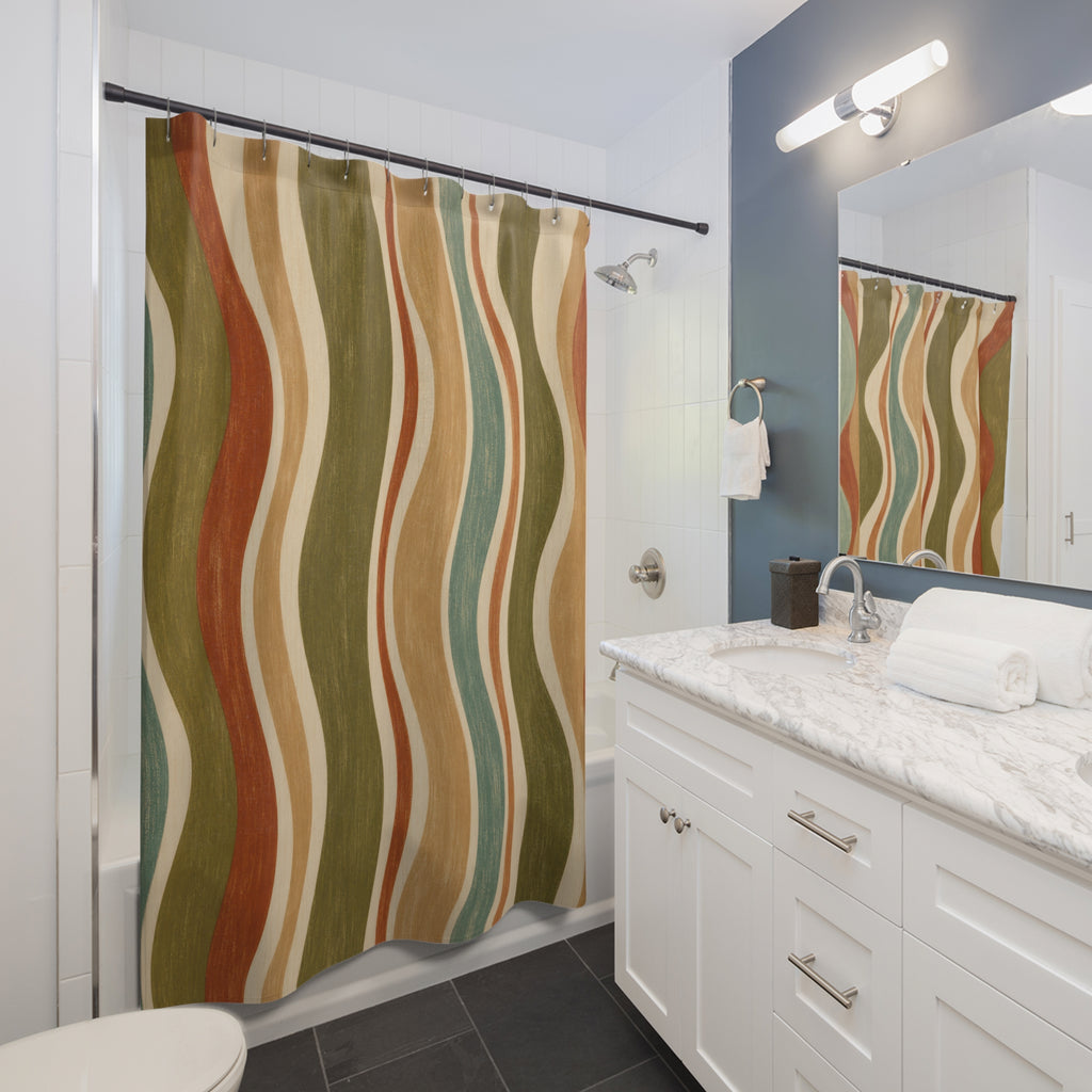Retro Shower Curtain, 70s Wavy Stripe Pattern, Rust Olive Earth Tone Bathroom Decor, Groovy Earth Tone Wall Decor Guest Bath Wall Gift