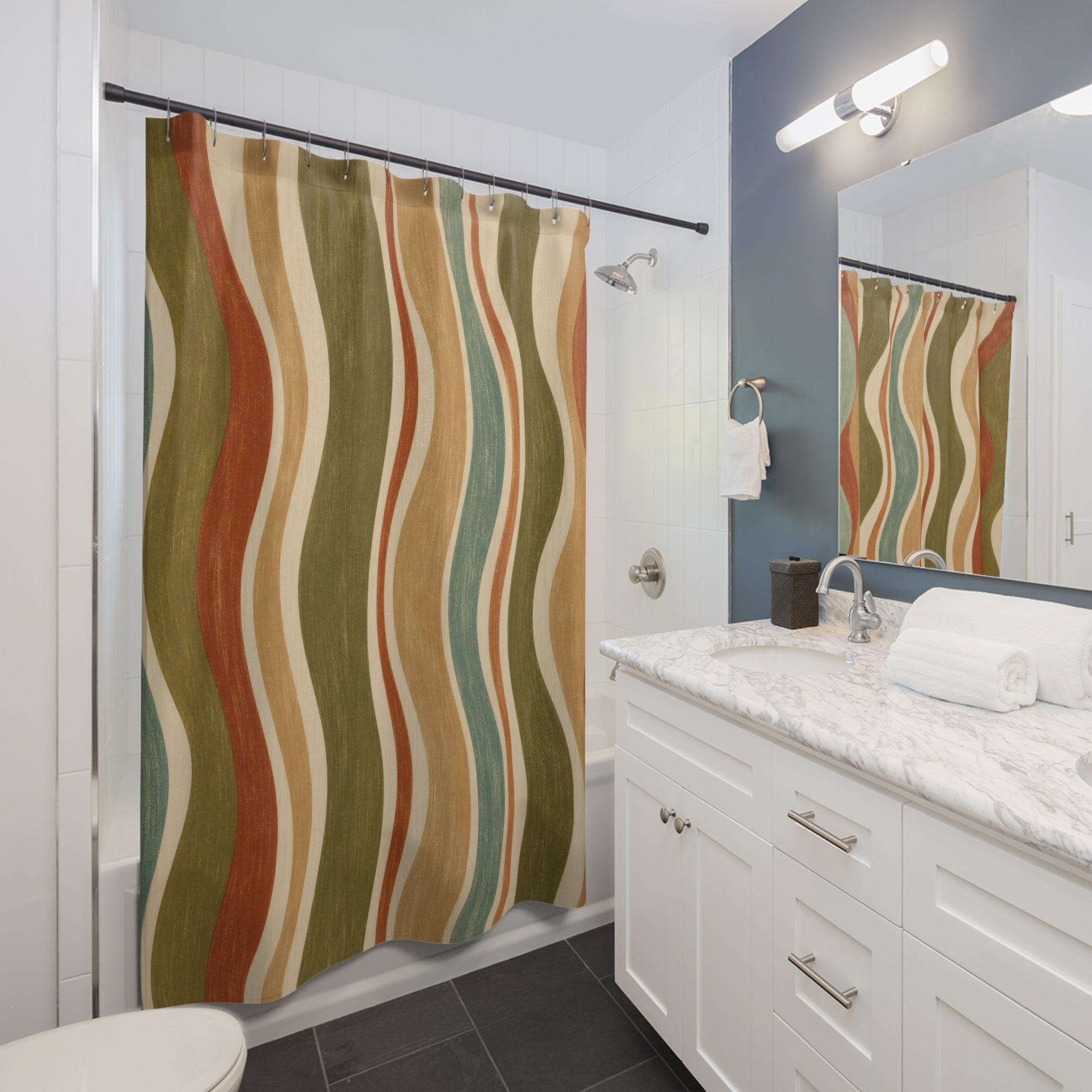 Retro Shower Curtain, 70s Wavy Stripe Pattern, Rust Olive Earth Tone Bathroom Decor, Groovy Earth Tone Wall Decor Guest Bath Wall Gift