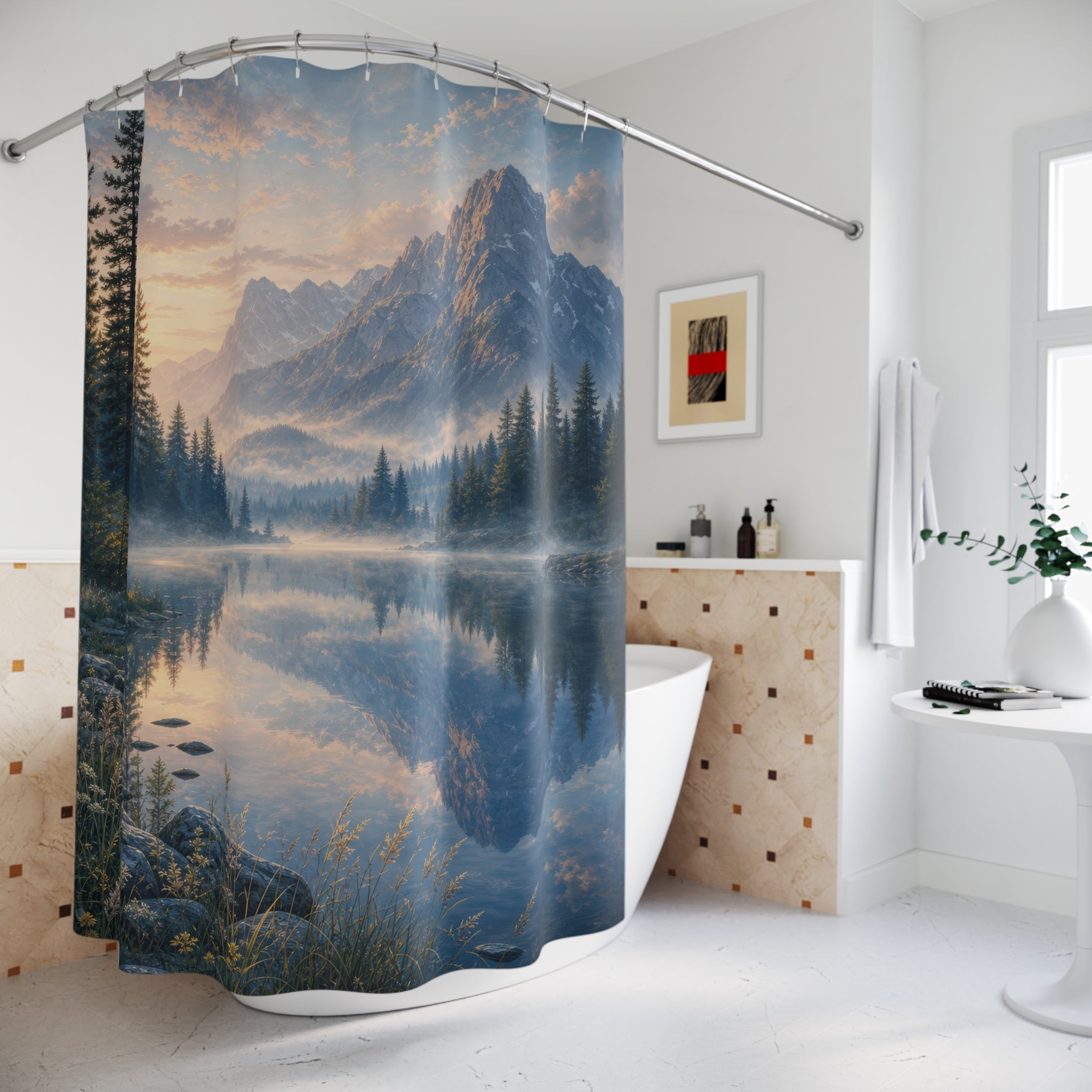 Misty Mountain Lake Dawn Shower Curtain