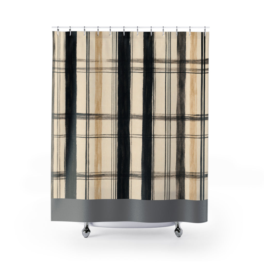 Beige Tan Windowpane Check Shower Curtain