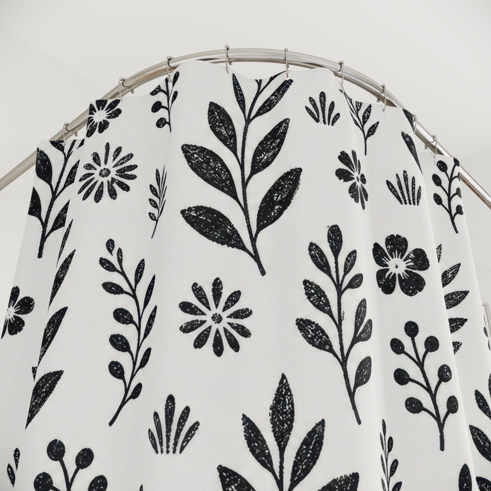 Black White Floral Flower Botanical Cottage Sprig Shower Curtain