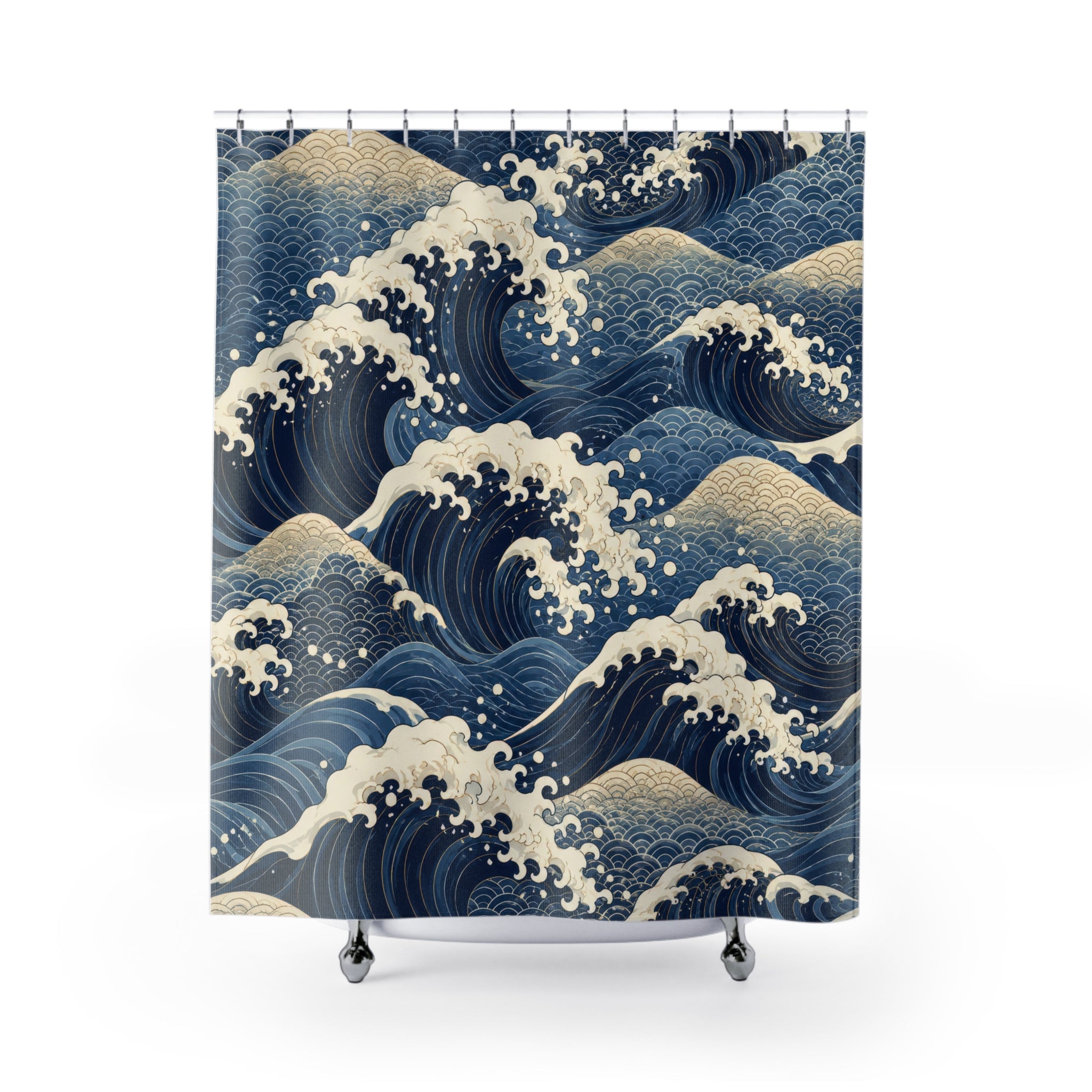 Japanese Wave Shower Curtain: Indigo Blue Ocean