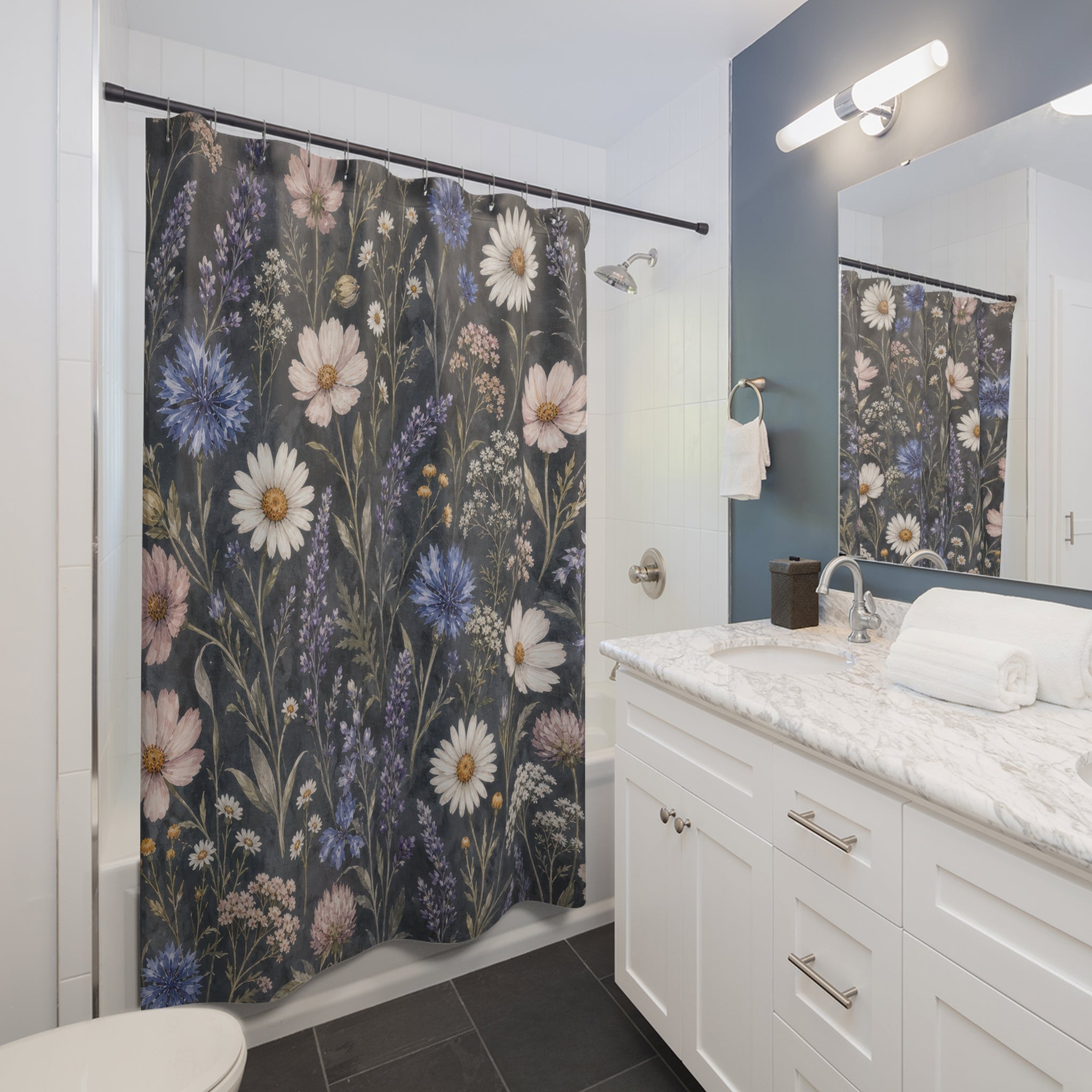 Blue Daisy Wildflower Watercolor Shower Curtain