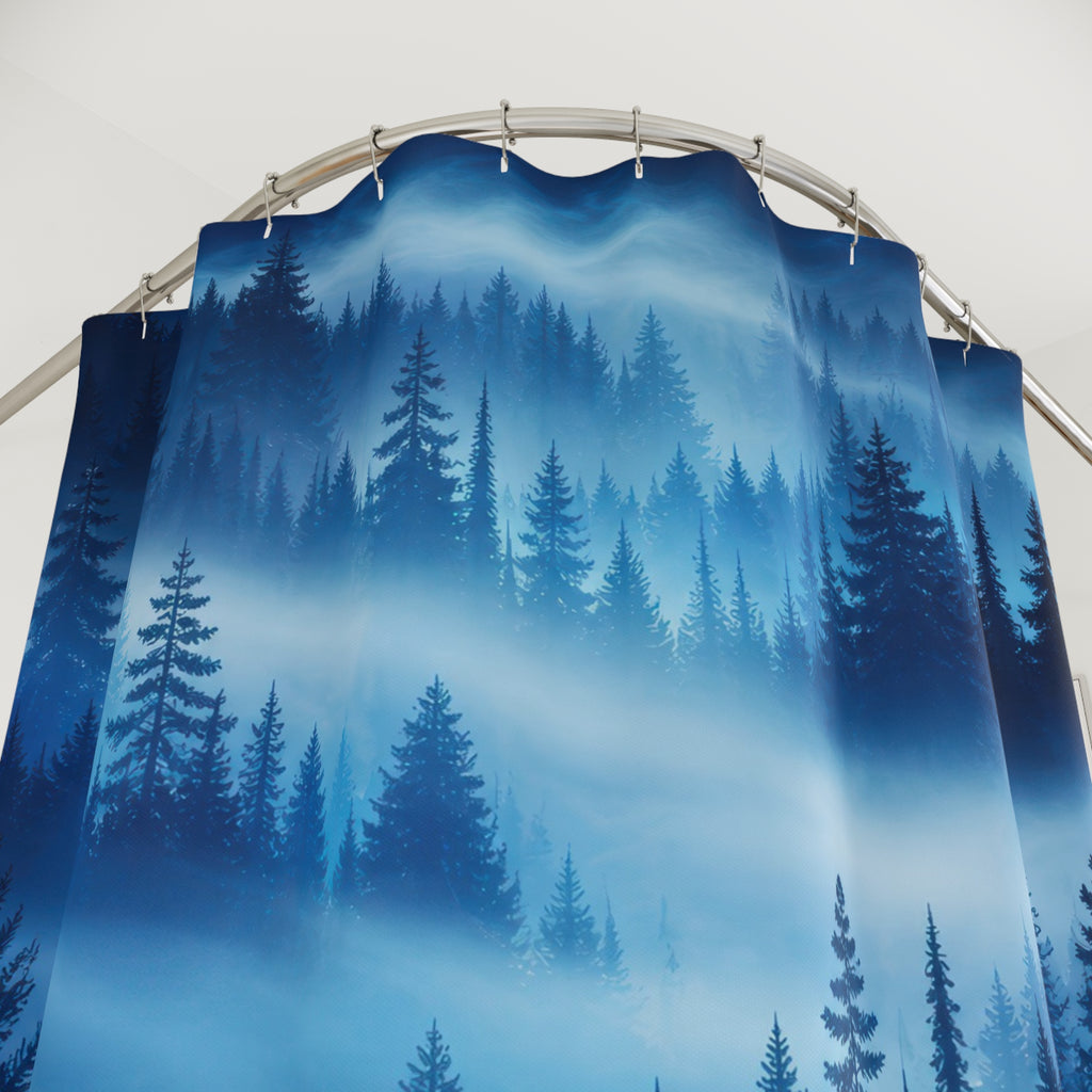 Layers of blue pine forest emerging through mist shower curtain with close-up print, hooks, and folds