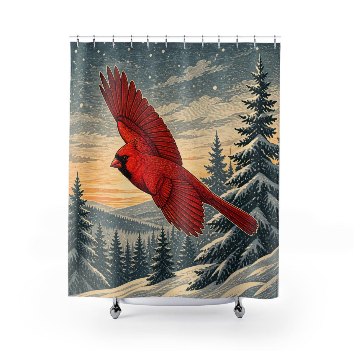 Red cardinal flying above snowy pines shower curtain with full front view