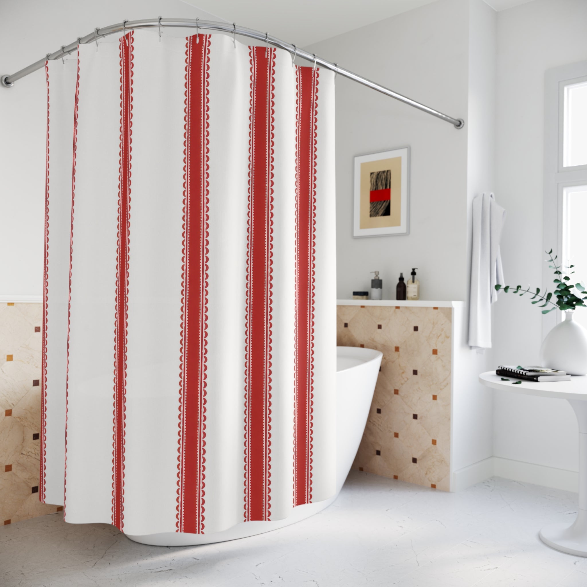 Red and White Ribbon Stripe Shower Curtain: Preppy Cottage