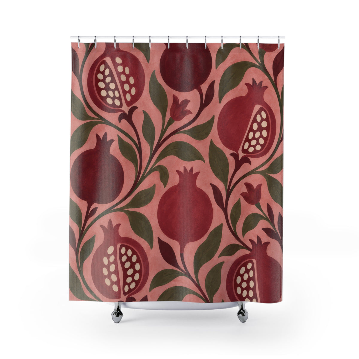 Pink and burgundy pomegranates with olive leaves on rose shower curtain with full front view