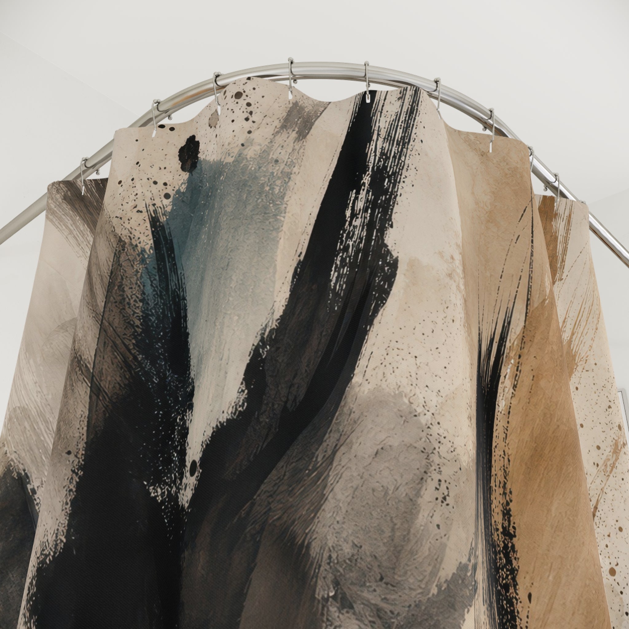 Black Tan Gestural Brushstroke Shower Curtain