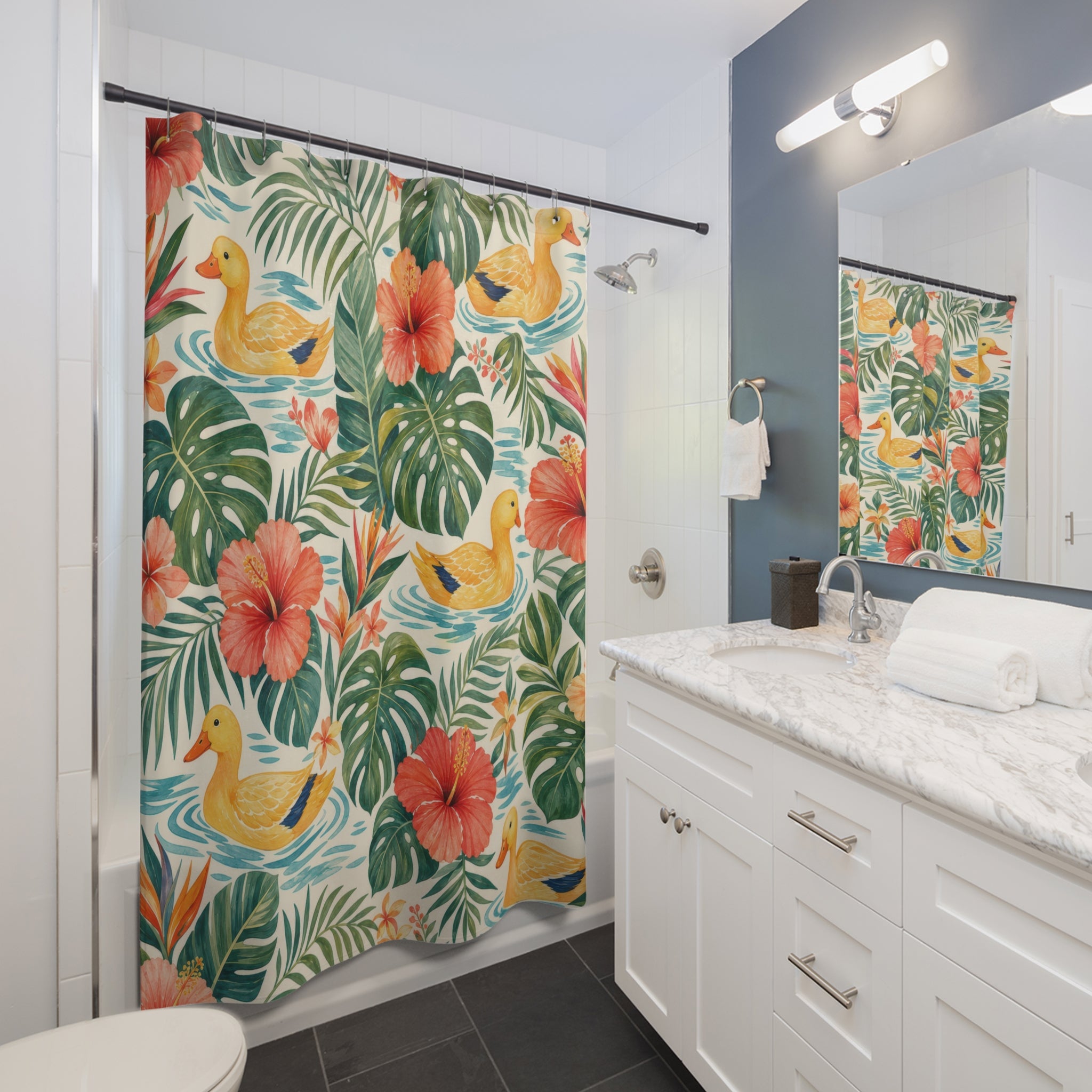 Tropical Orange Duck Floral Shower Curtain