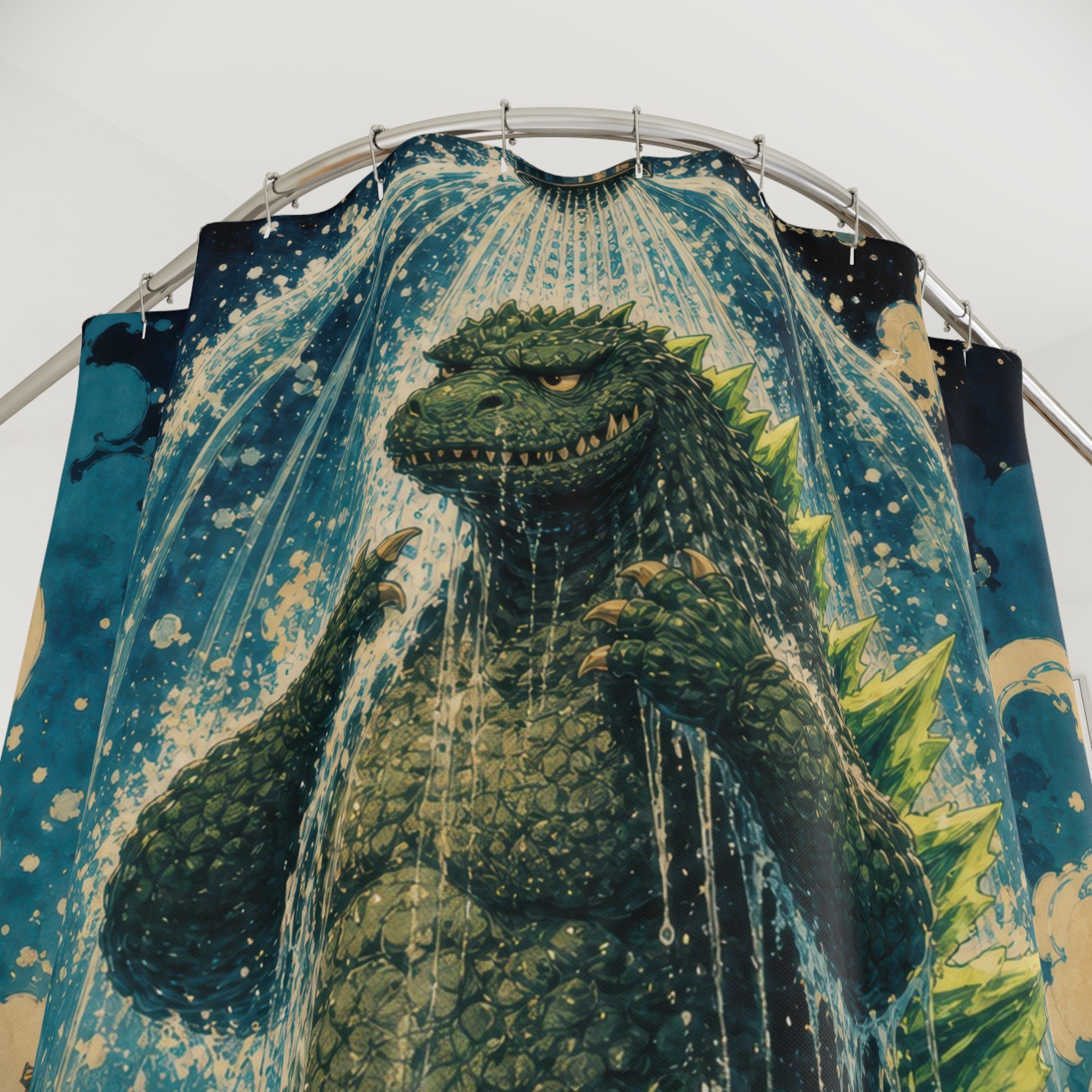 Unique Funny Dinosaur Shower Curtain, Kaiju Monster City Bath Art, Green Lizard Bathroom Humor, Kids Dorm Guest Bath Decor Gift For Home