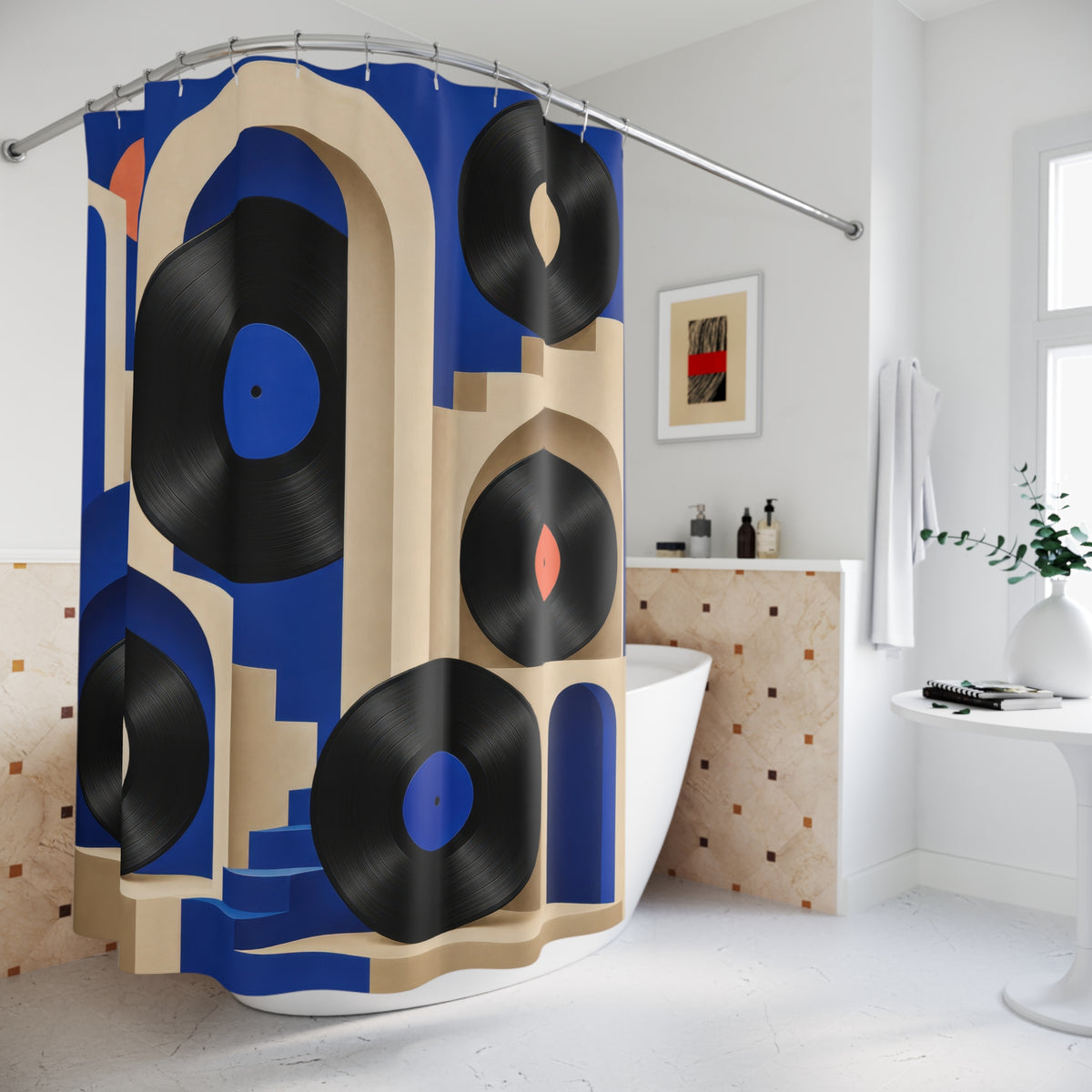 Vinyl records among cobalt and ivory arches shower curtain beside a freestanding tub