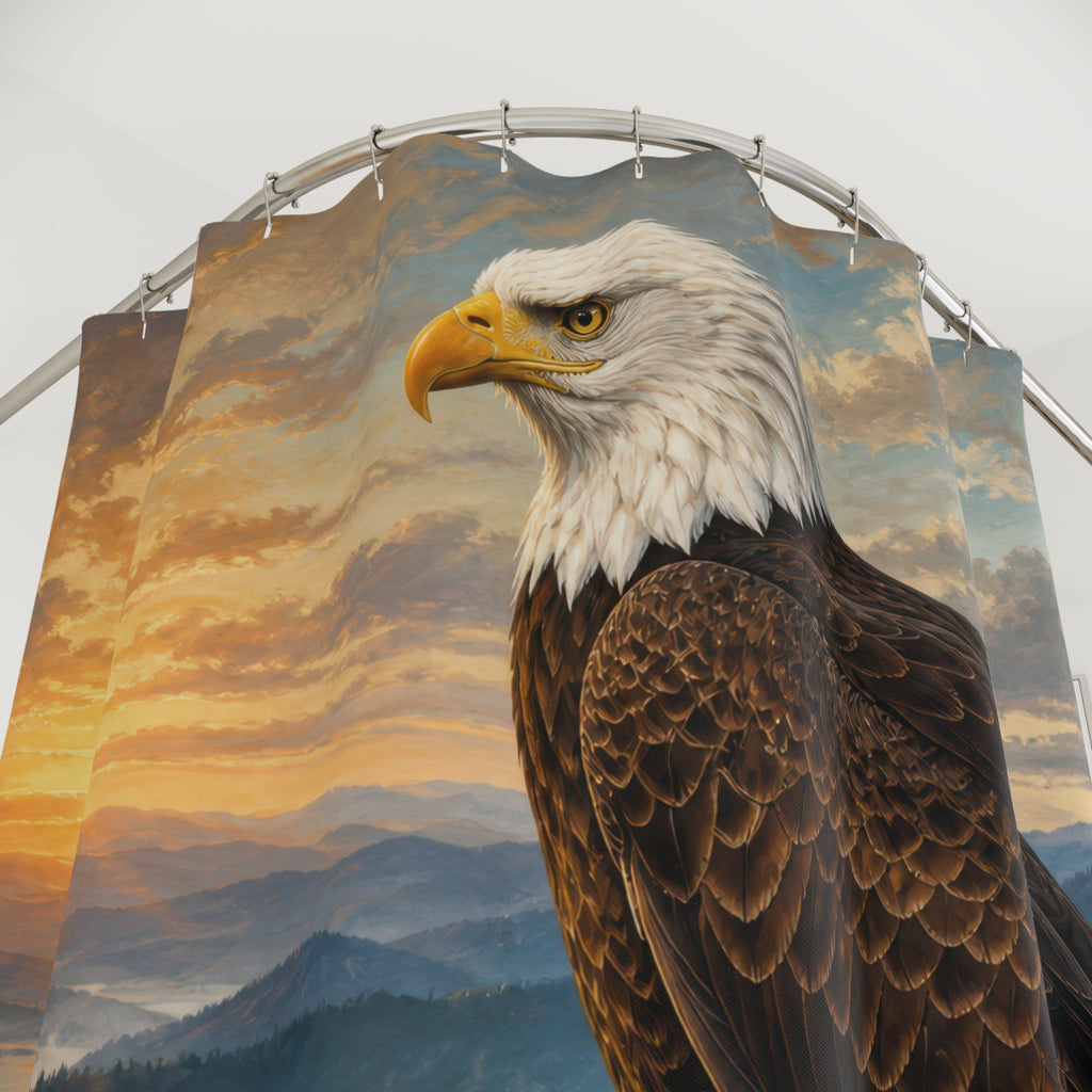 Bald eagle standing on a mountain cliff at sunrise shower curtain with close-up print, hooks, and folds