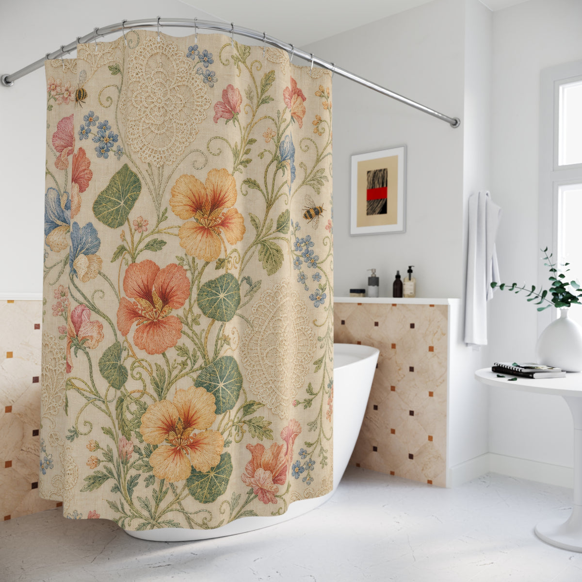 Vintage Nasturtium cream coral blue shower curtain beside a freestanding tub