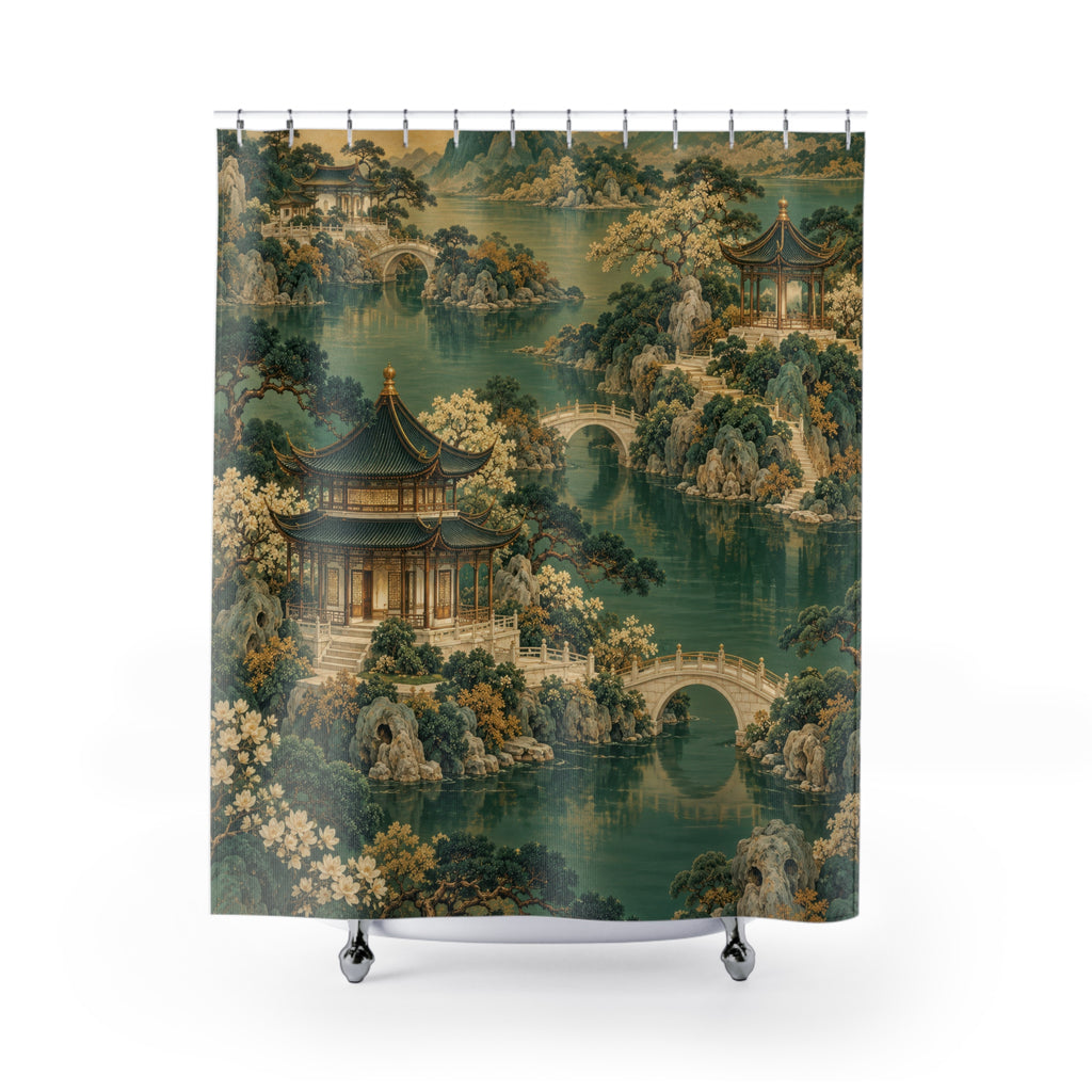 Jade Chinoiserie pavilions and arched bridges shower curtain with full front view