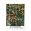 Jade Chinoiserie pavilions and arched bridges shower curtain with full front view