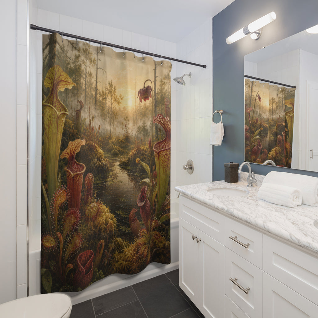 Sundews and pitcher plants growing in a luminous bog shower curtain beside a white vanity