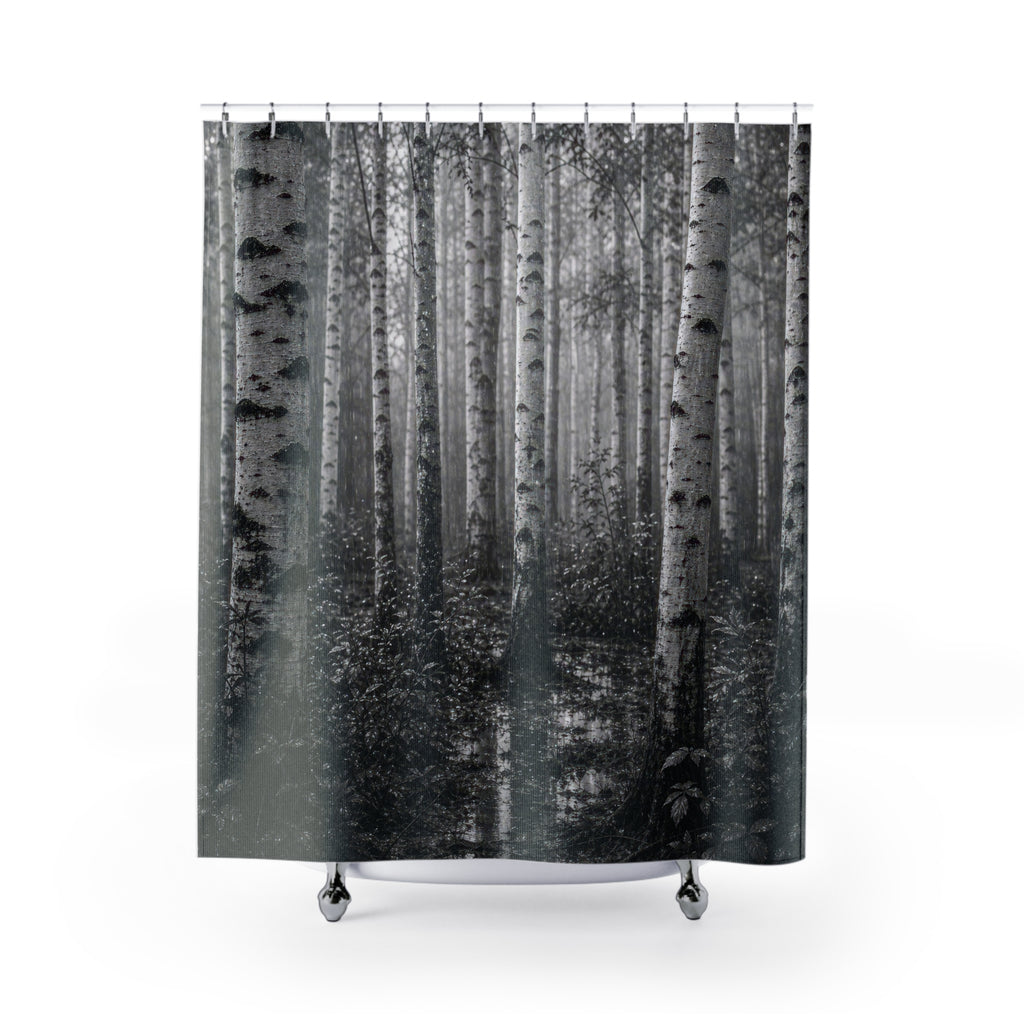 Black White Birch Rain Photo Shower Curtain