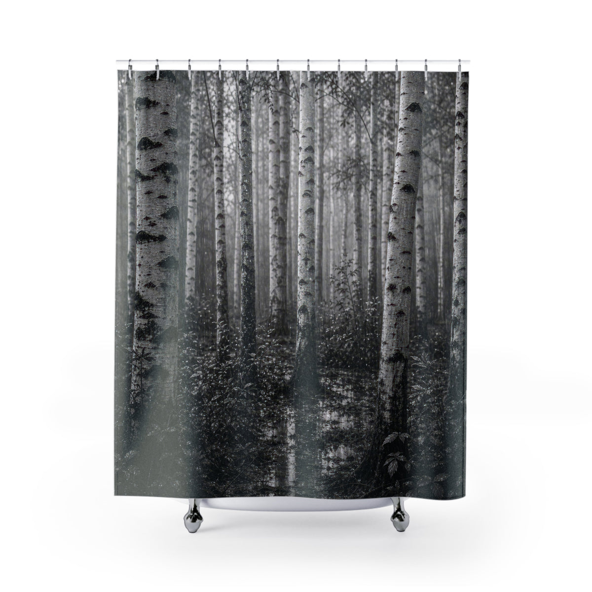 Black White Birch Rain Photo Shower Curtain