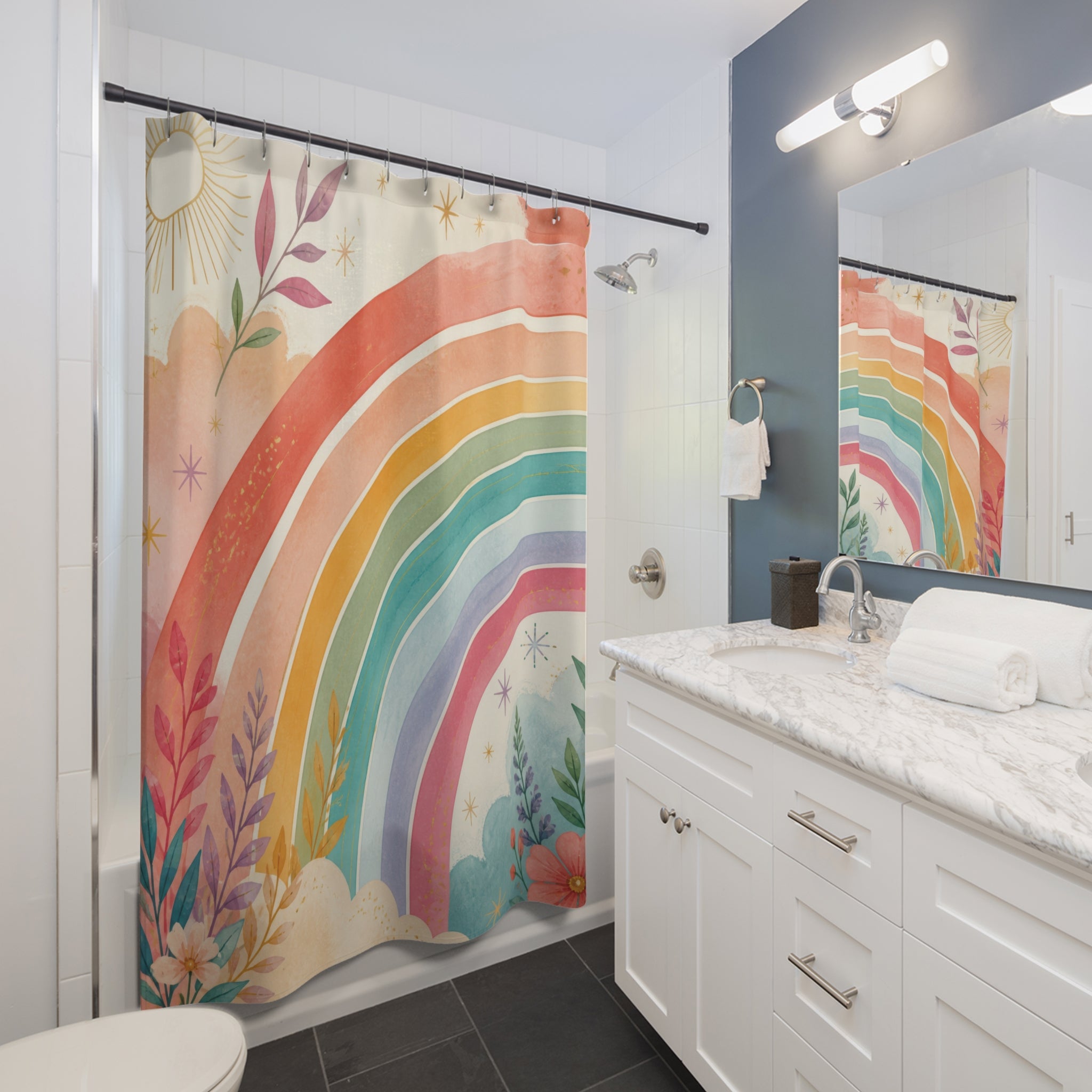 Rainbow Shower Curtain: Pastel Arch Floral Sun Pattern
