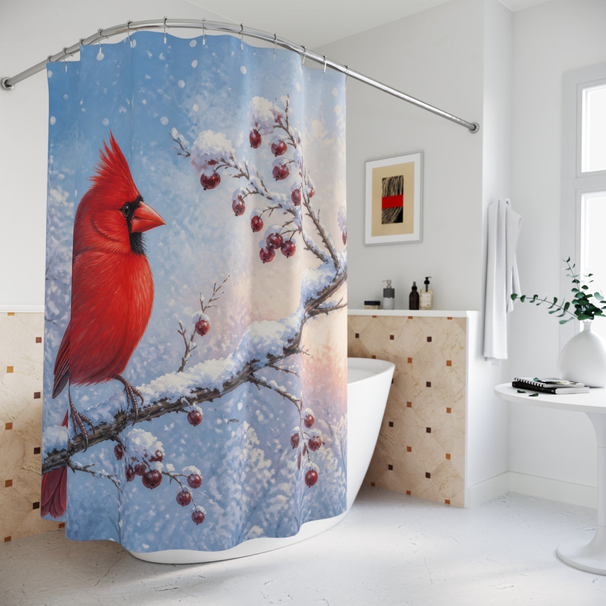 Red cardinal on snowy berry bough shower curtain beside a freestanding tub