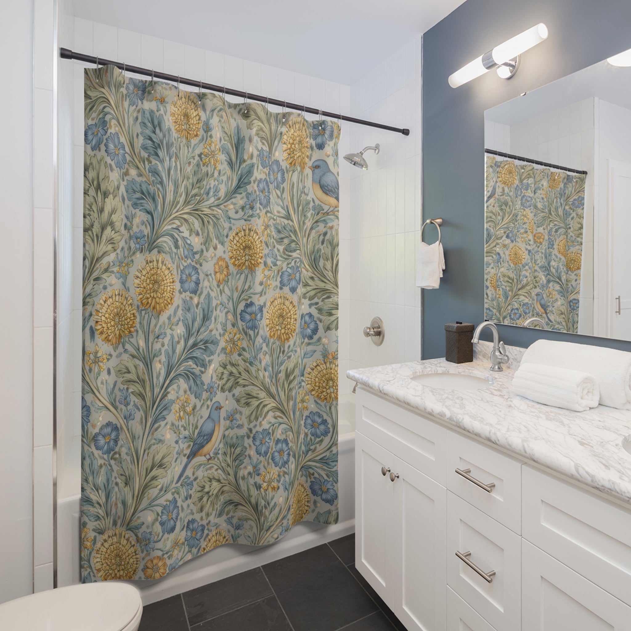 William Morris Bird Shower Curtain – Blue Gold Floral