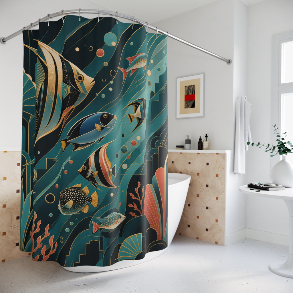 Tropical fish in teal Neo Art Deco currents and coral shower curtain beside a freestanding tub