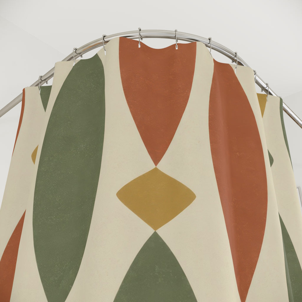Sage and terracotta spindles with ochre diamonds on cream shower curtain with close-up print, hooks, and folds