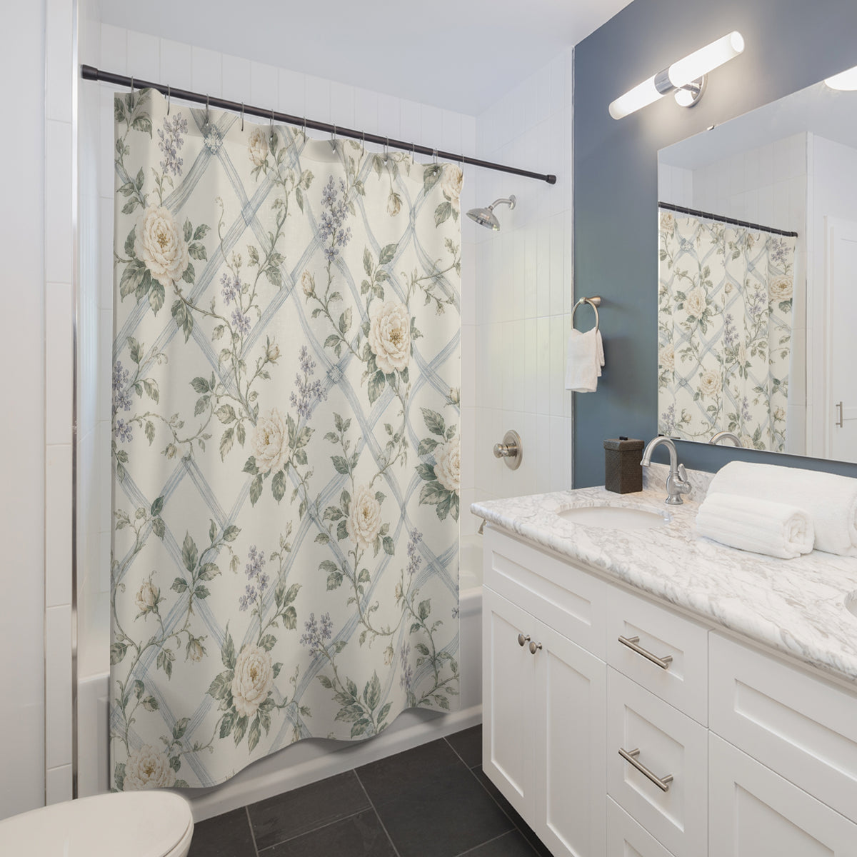 French Country Rose Trellis floral shower curtain beside a white vanity