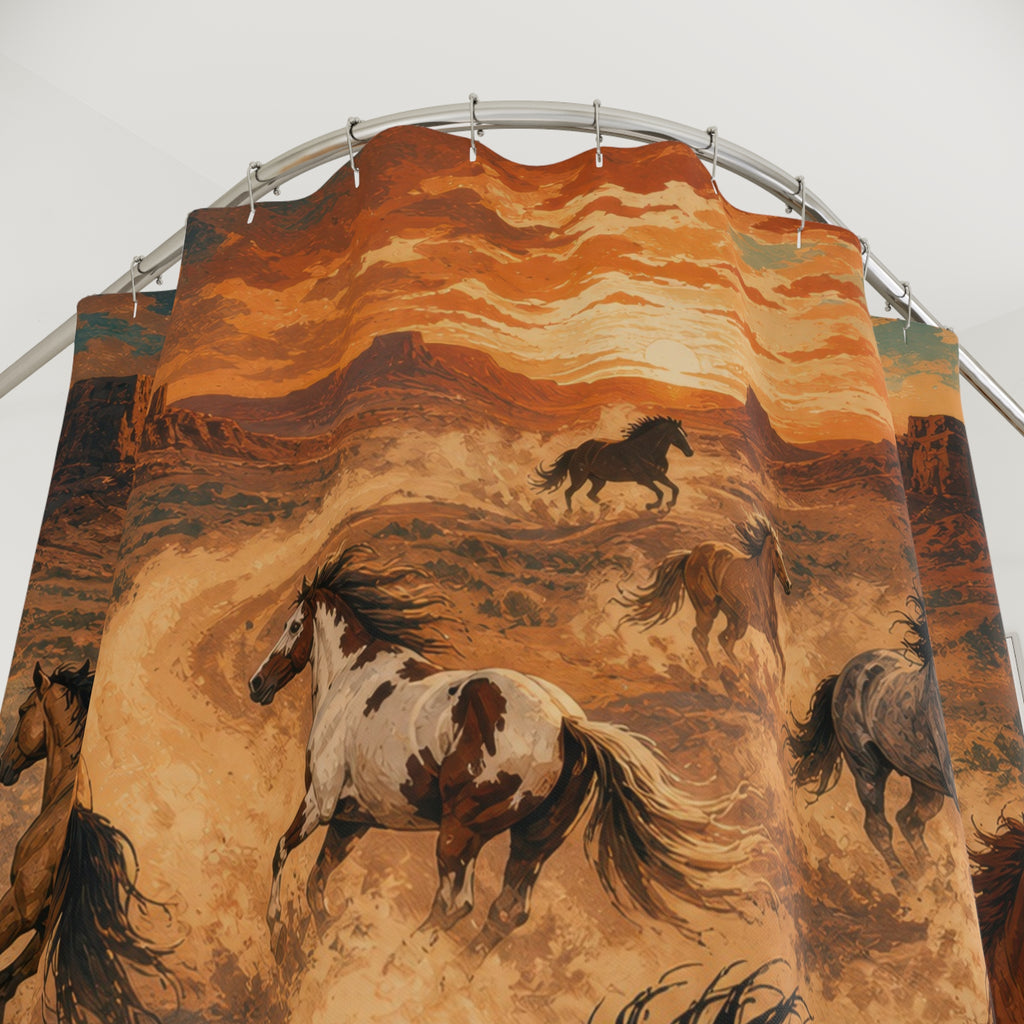Wild mustang herd racing through glowing desert dust shower curtain with close-up print, hooks, and folds