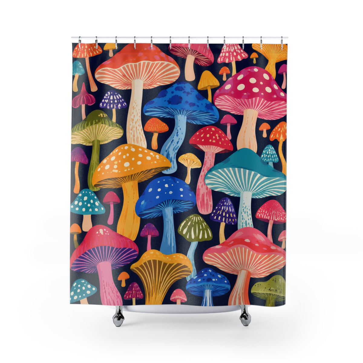 Colorful mushroom caps on deep navy shower curtain with full front view