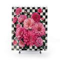 Magenta dahlias on black and white checks shower curtain with full front view