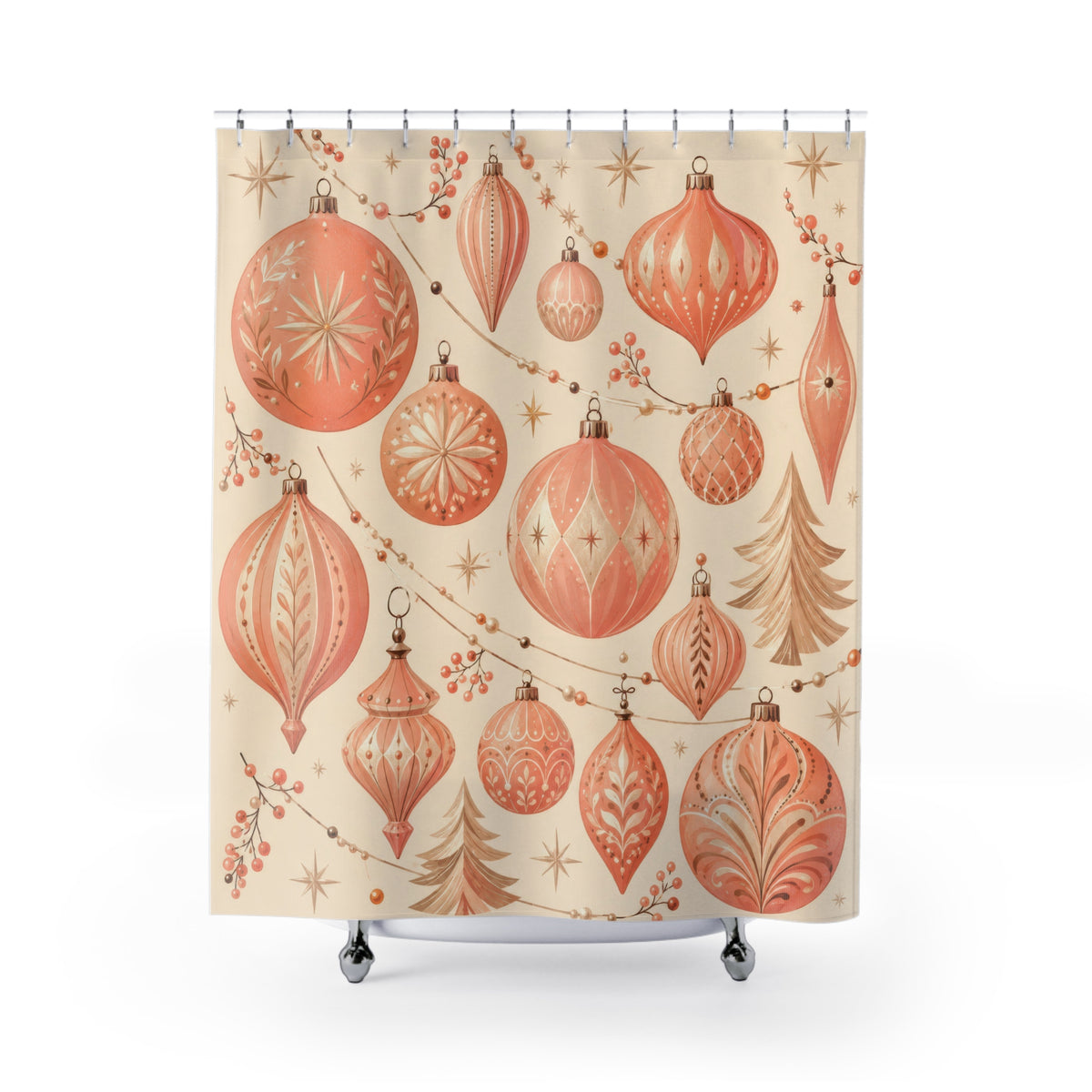 Peach Christmas ornaments and stars shower curtain with full front view