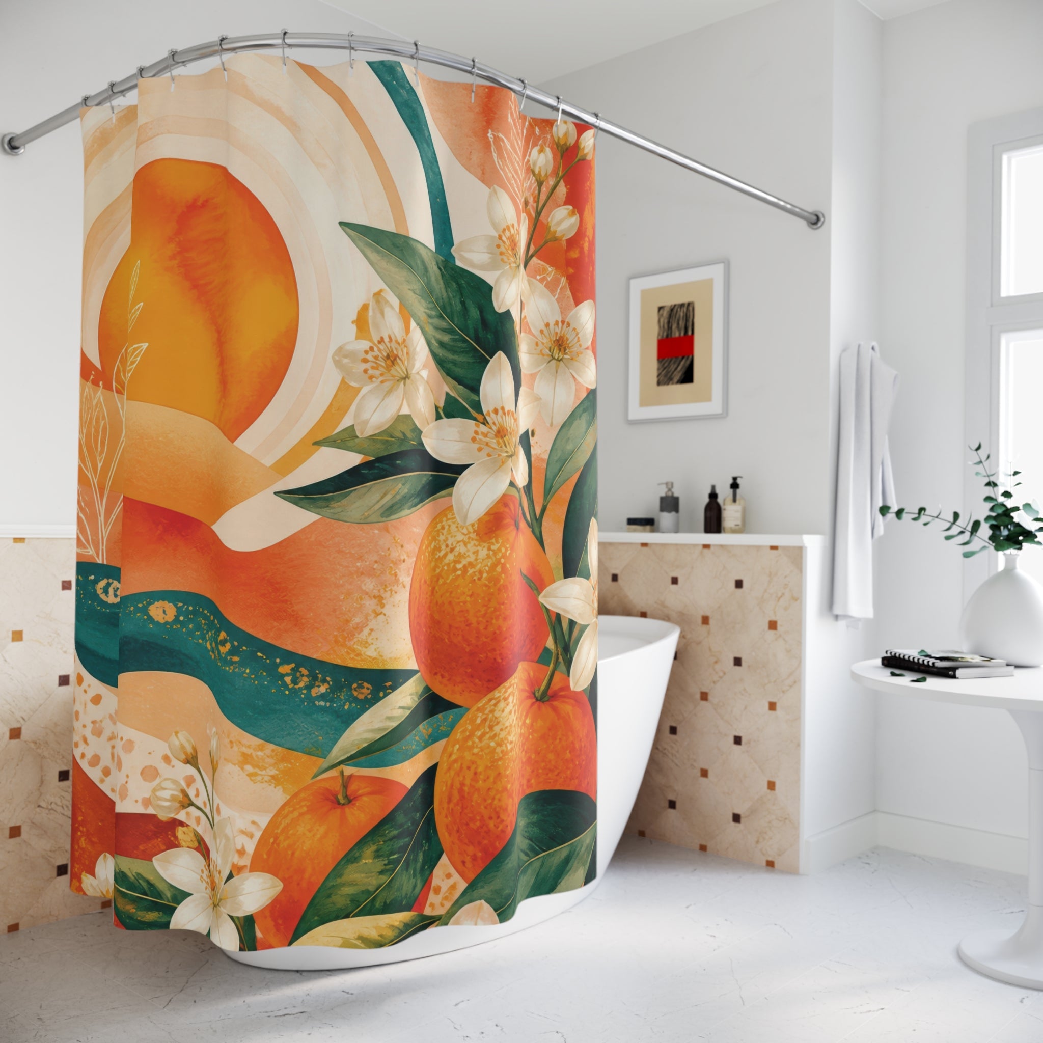 Orange Shower Curtain: Citrus Fruit Floral Pattern