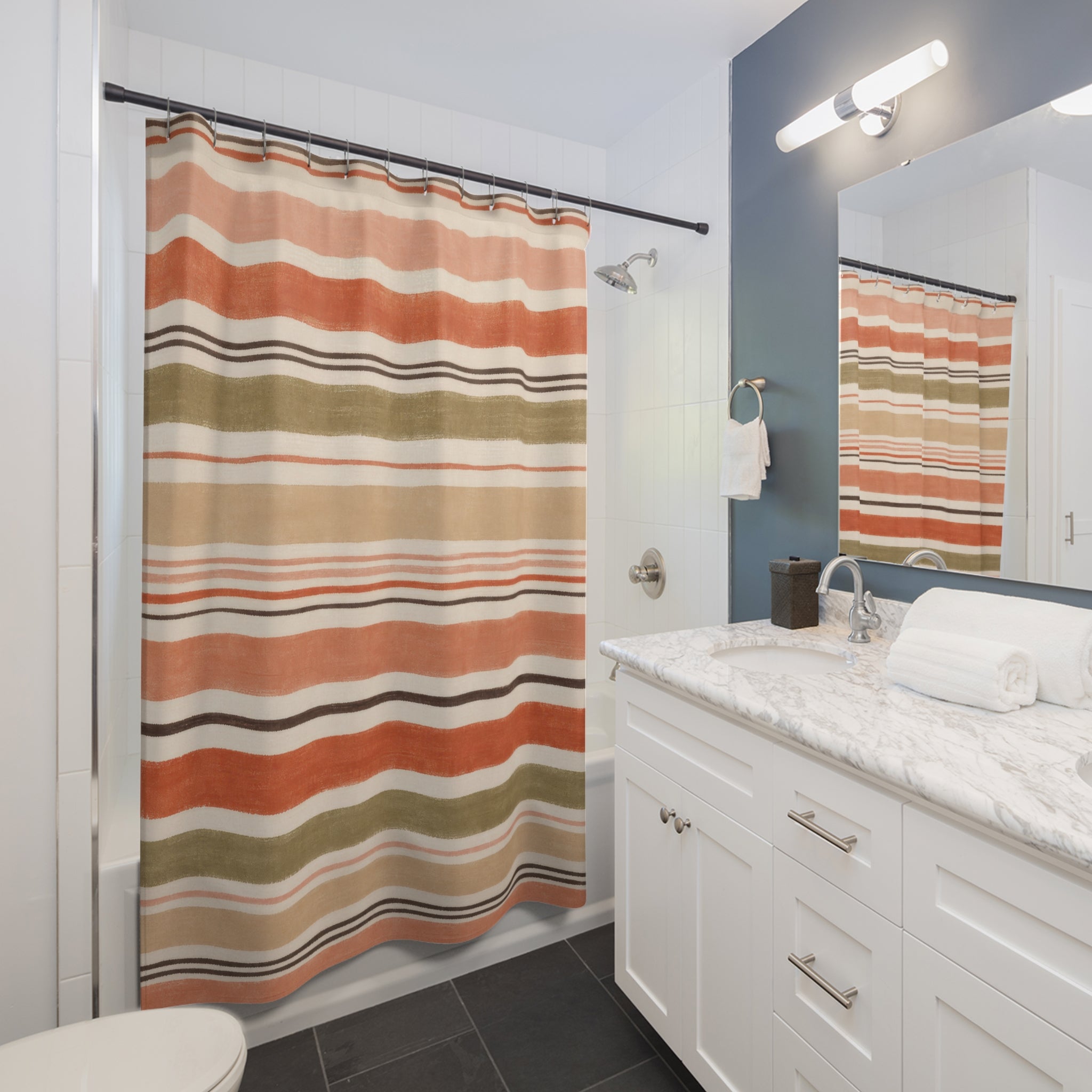 Rust Olive Beige Watercolor Stripe Shower Curtain