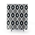 Black and gray ogees with white curved outlines shower curtain with full front view