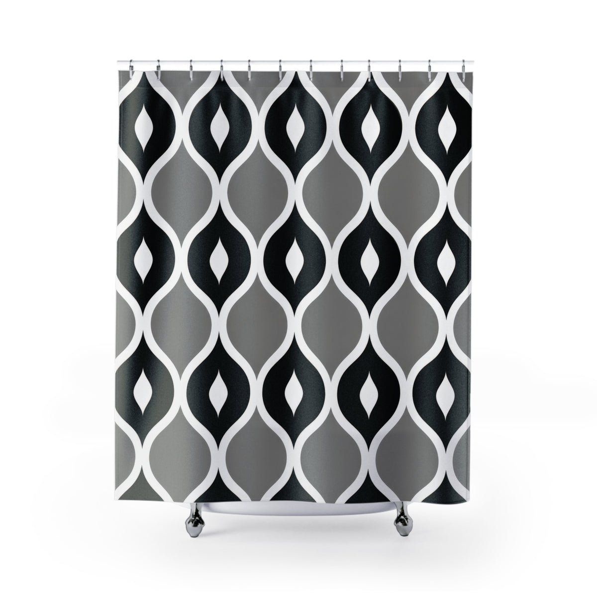 Black and gray ogees with white curved outlines shower curtain with full front view