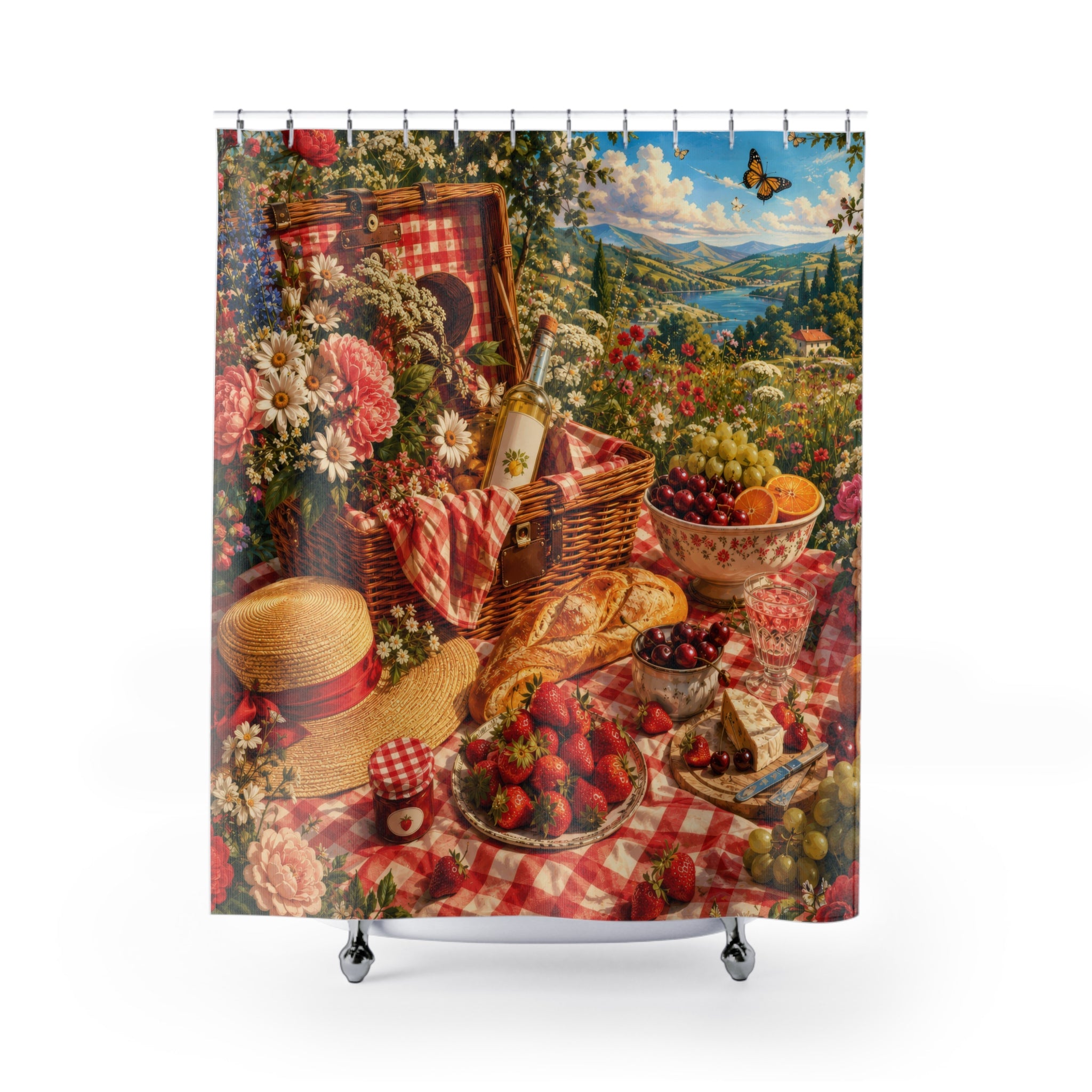 Picnic Shower Curtain: Red Gingham Strawberries