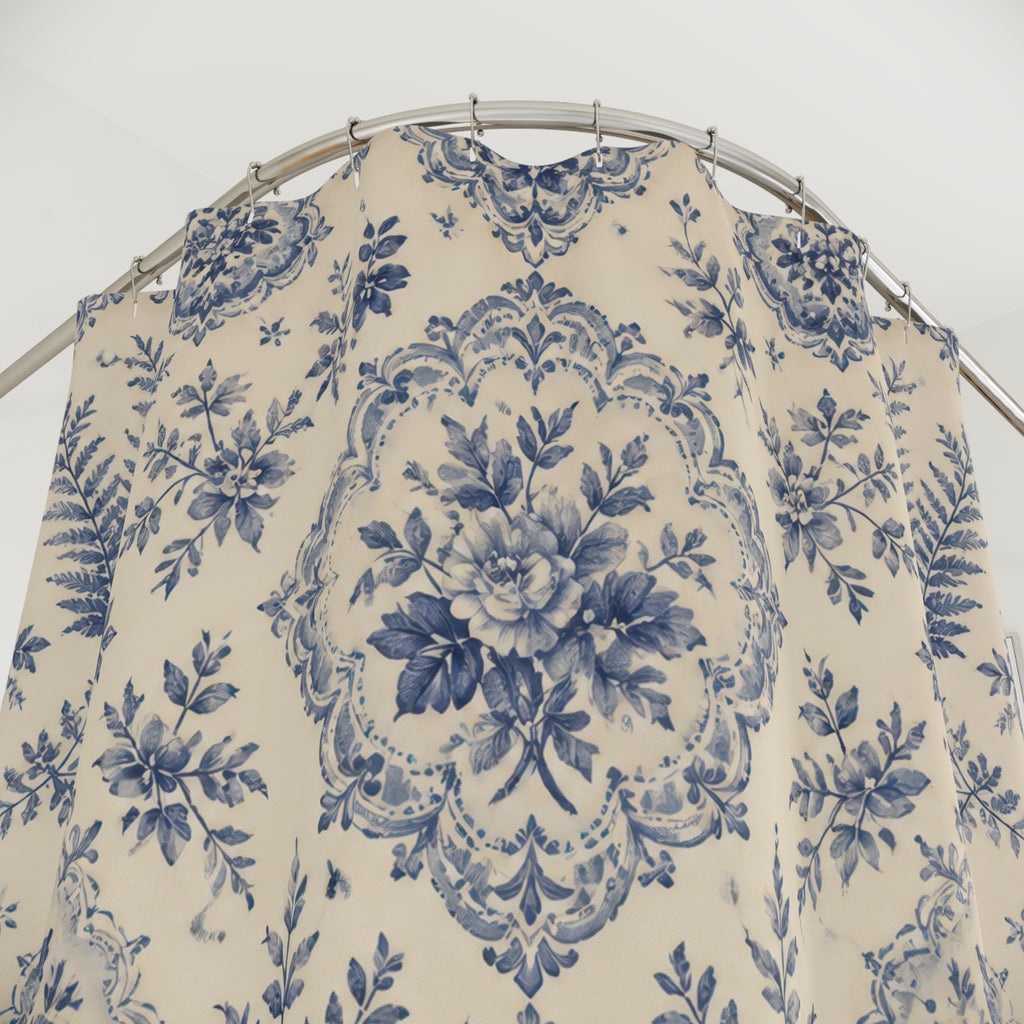 Blue Toile Floral Botanical Vintage Farmhouse Shower Curtain