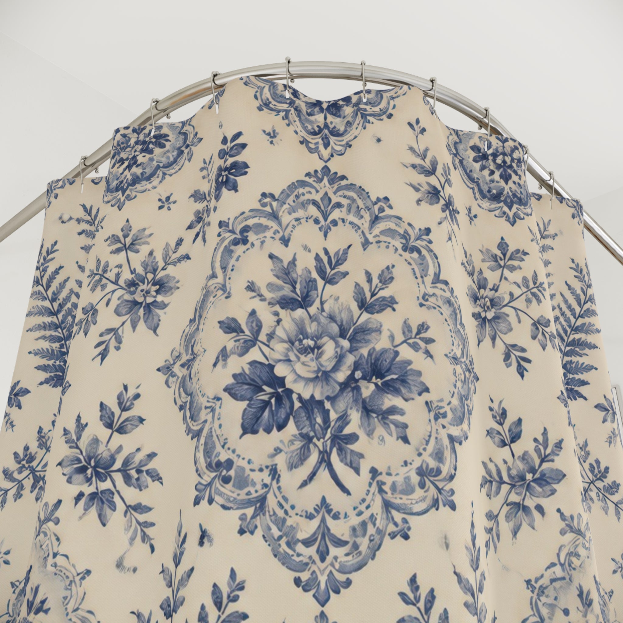 Blue Toile Floral Botanical Vintage Farmhouse Shower Curtain