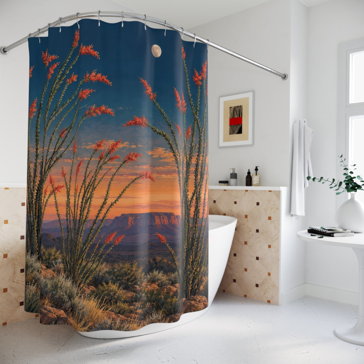 Red ocotillo flowers beneath a moon in blue and apricot sky shower curtain beside a freestanding tub