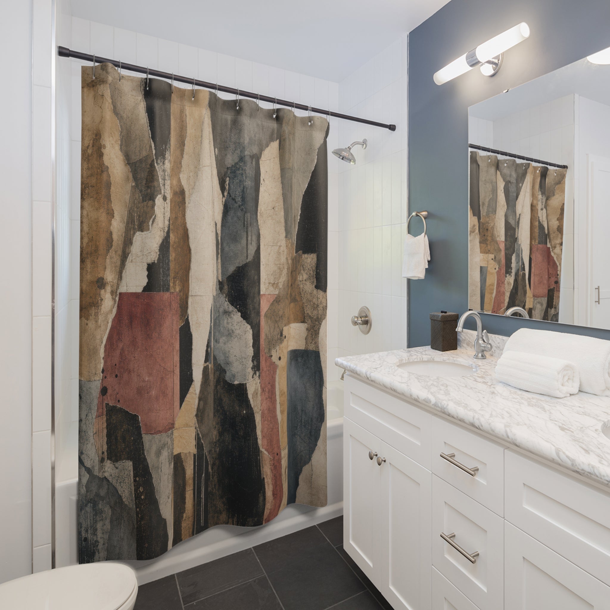 Abstract Shower Curtain, Grey Beige Architectural Blocks, Soft Pink Teal Modern Art Bath Decor, Neutral Geometric Guest Bathroom, Soft Bath