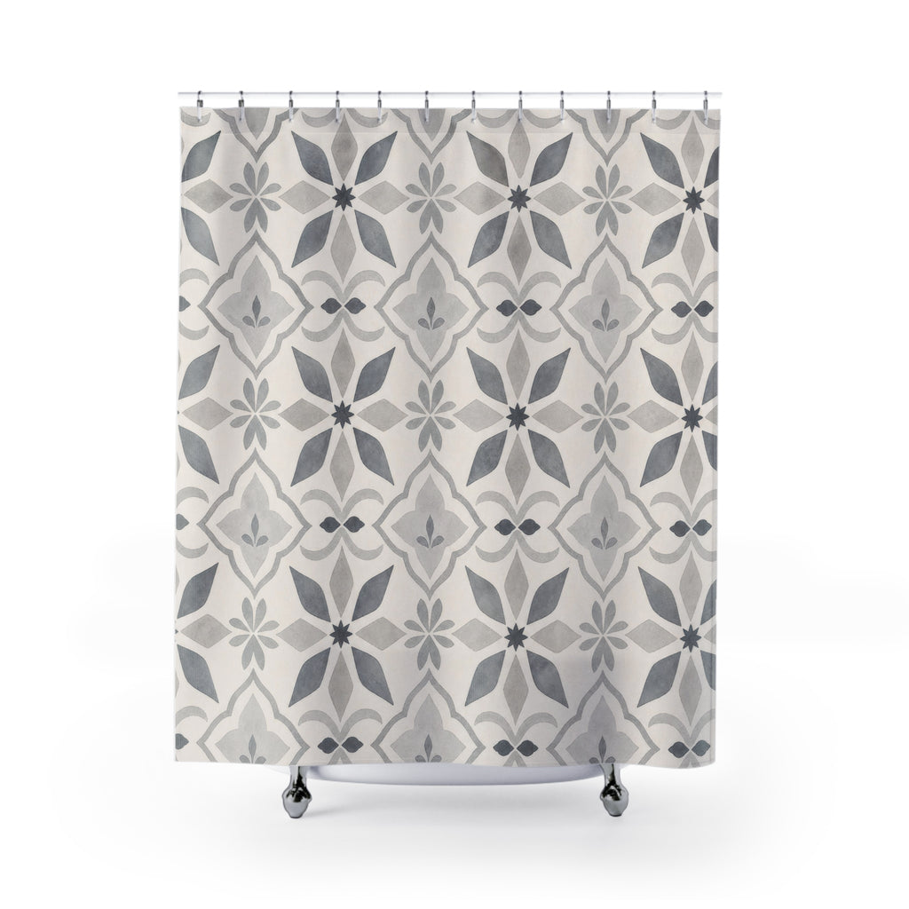 Grey White Tile Flower Shower Curtain