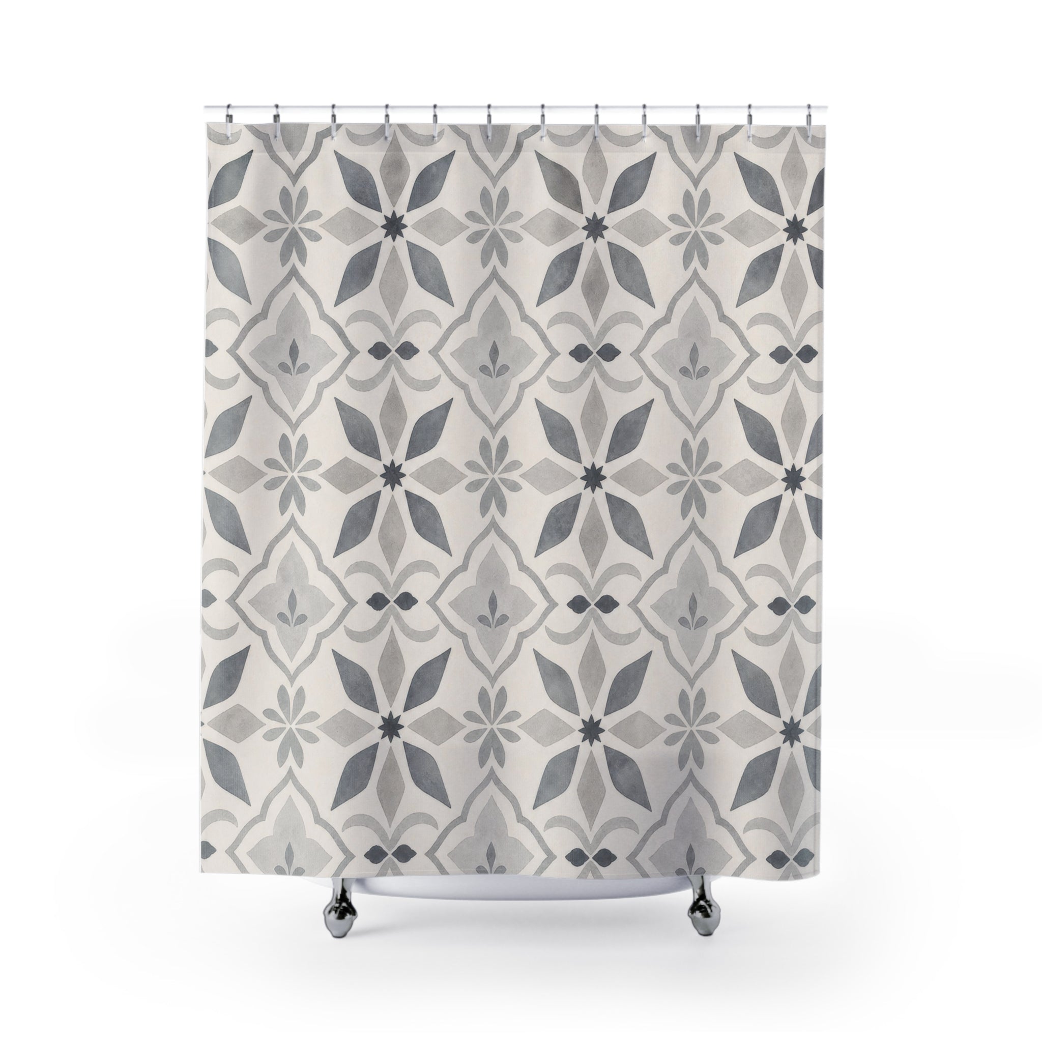 Grey White Tile Flower Shower Curtain