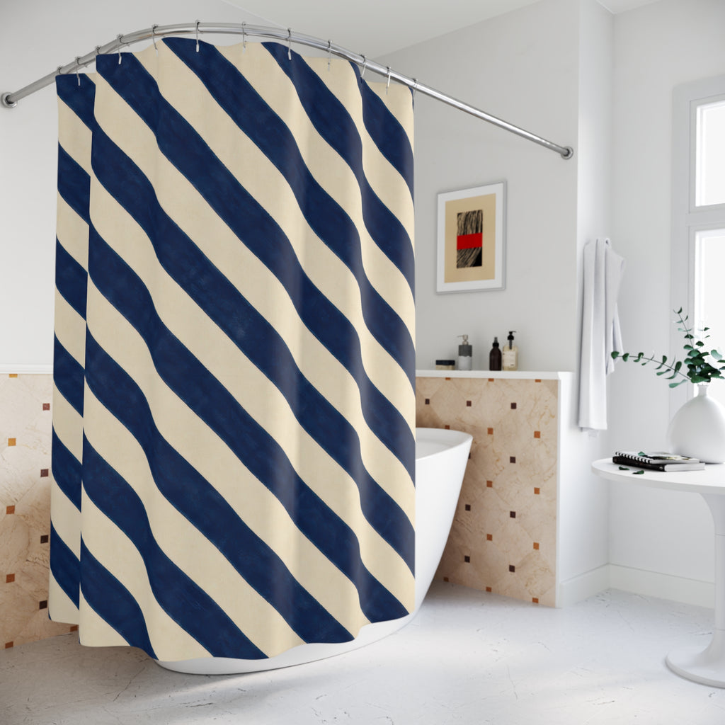 Navy Blue Cream Diagonal Stripe Shower Curtain