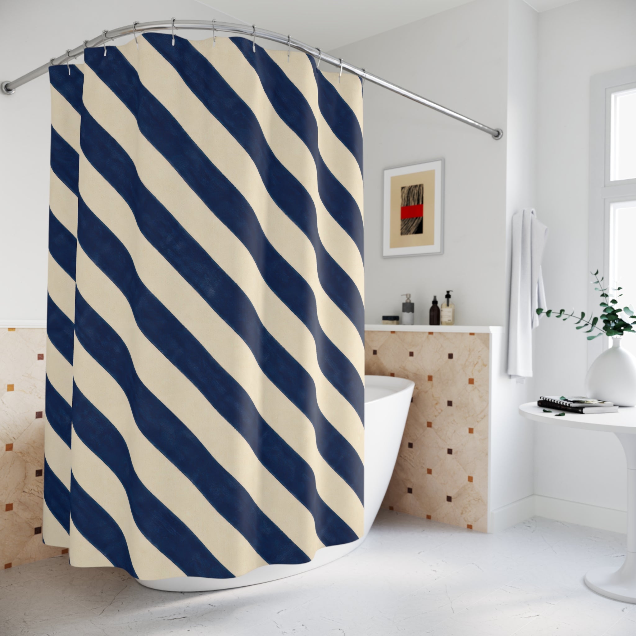 Navy Blue Cream Diagonal Stripe Shower Curtain