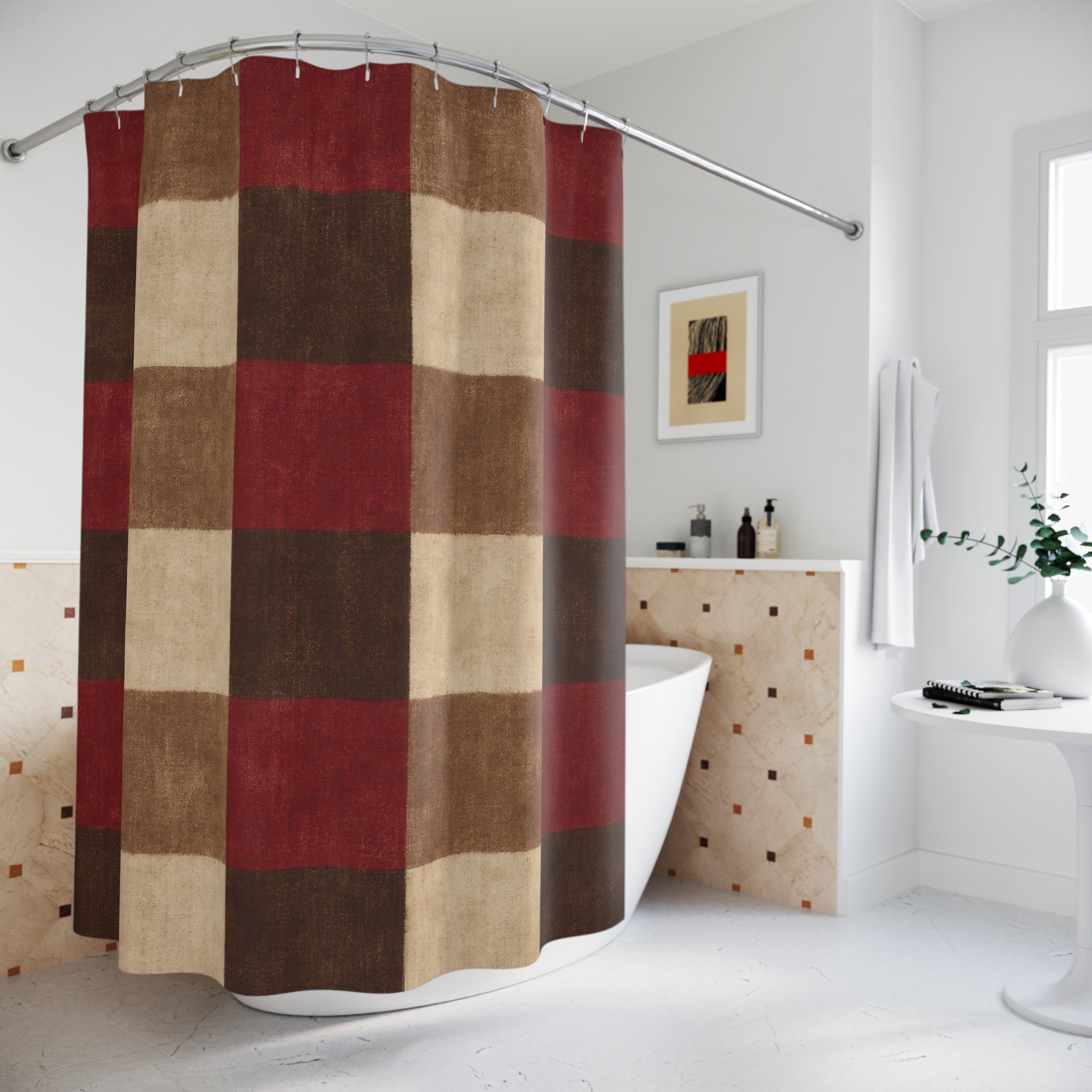 Buffalo Plaid Shower Curtain, Red Brown Farmhouse Bath Decor, Cream Checkered Pattern, Warm Rustic Holiday Guest Bathroom Decor Style