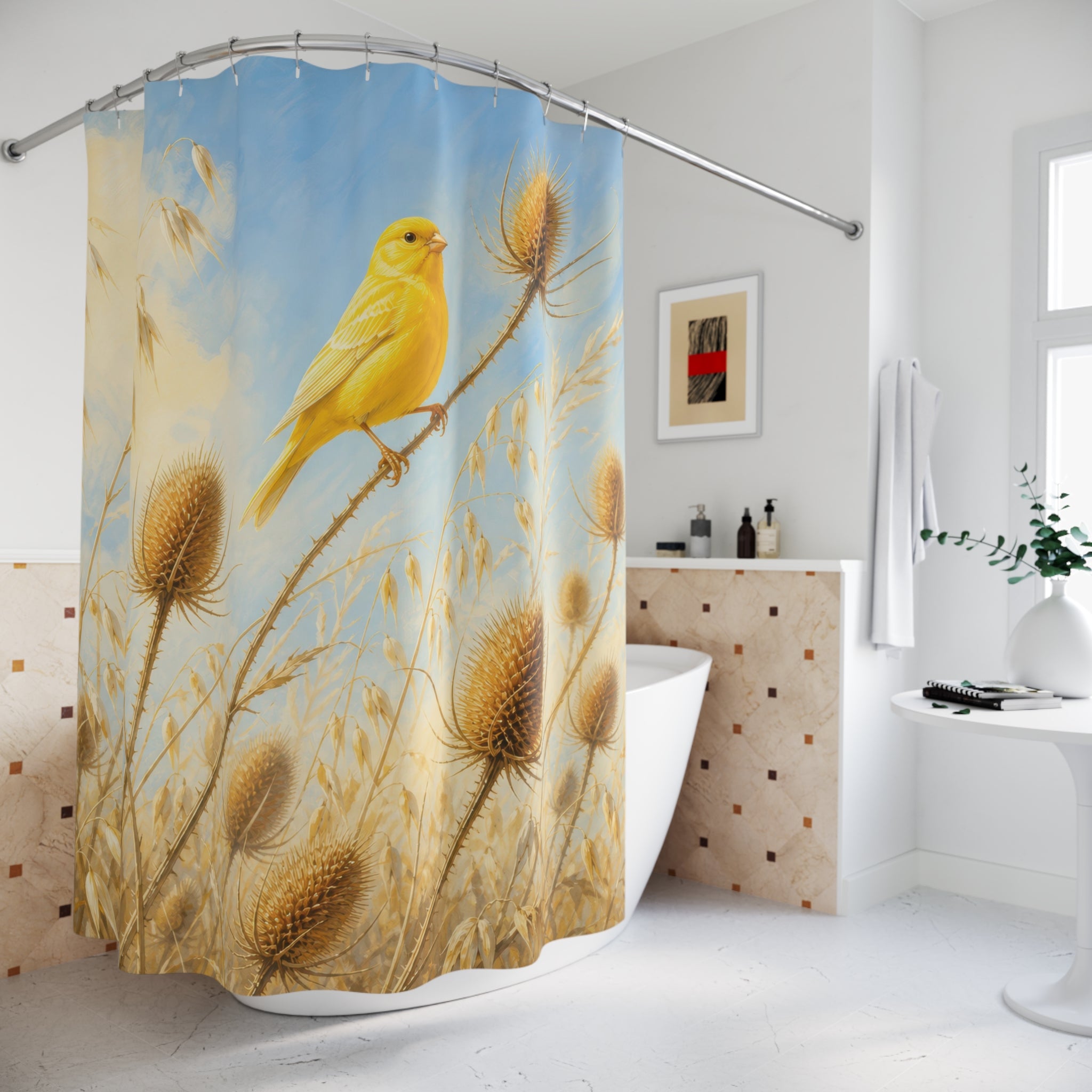 Bright yellow canary among sunlit meadow grasses shower curtain beside a freestanding tub