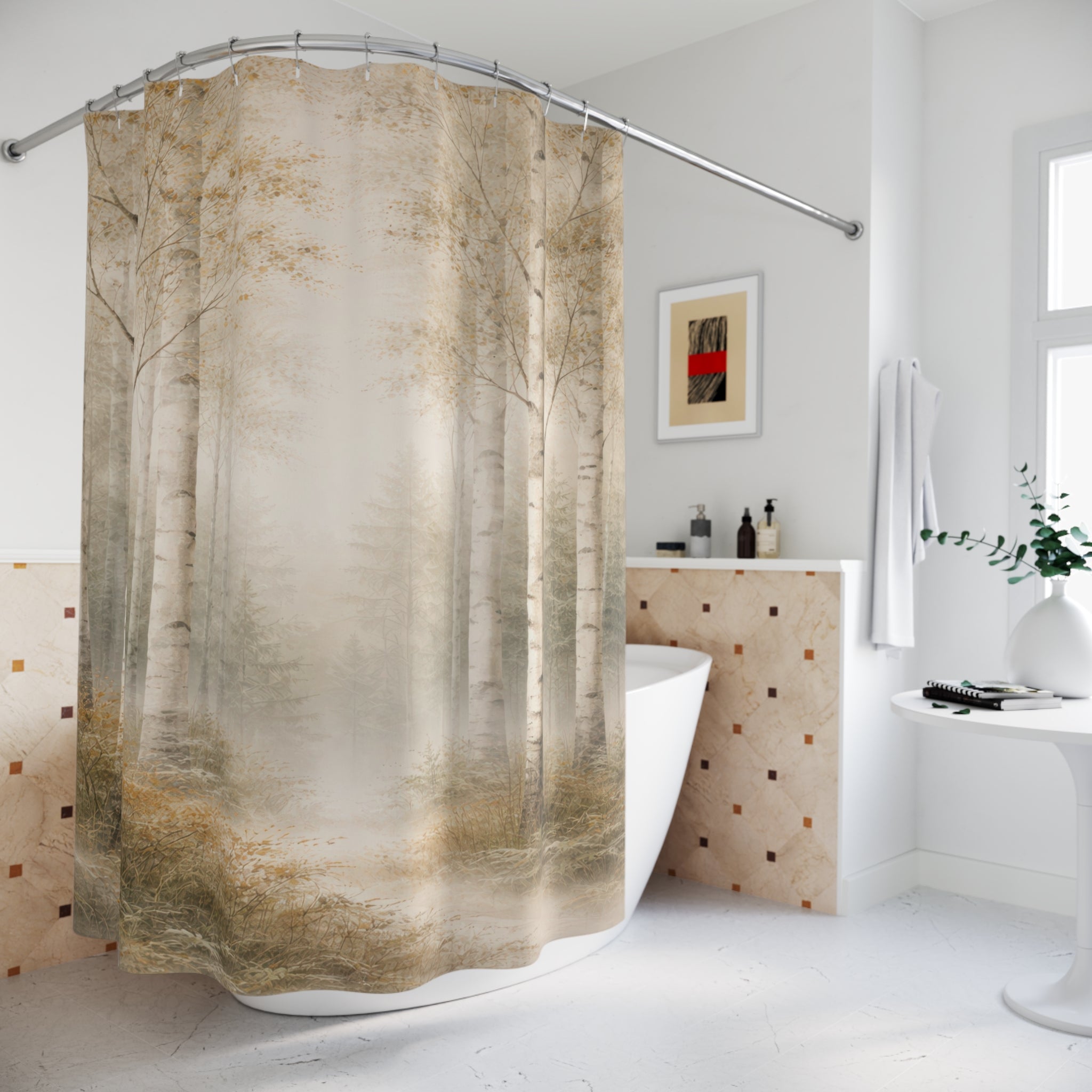 White Birch Forest Watercolor Shower Curtain