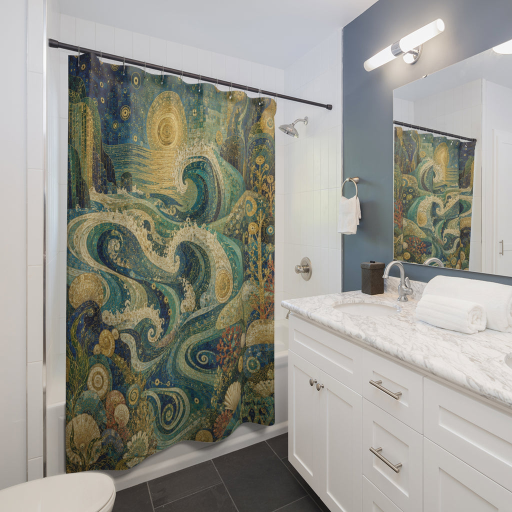 Klimt Inspired Ocean Shower Curtain: Blue Gold Nouveau
